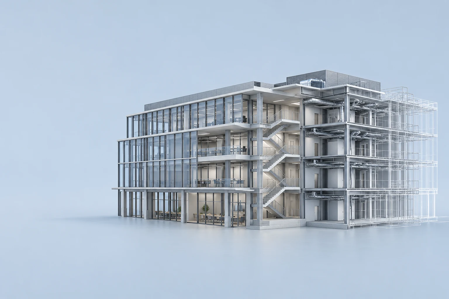 Illustrative architectural coordination model with a cutaway structure and building services