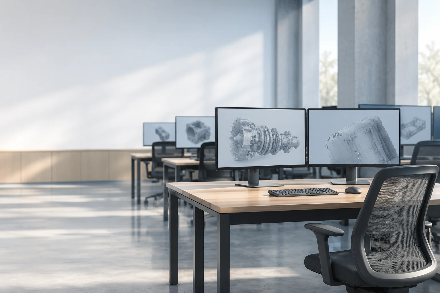 Illustrative empty specialist teaching lab with shared desks and CAD models on the displays