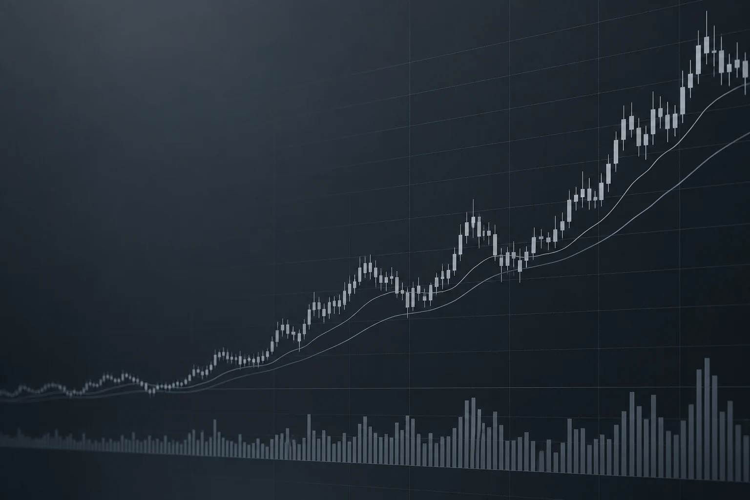 Illustrative synthetic financial analysis chart with candlesticks, trend curves and volume bars