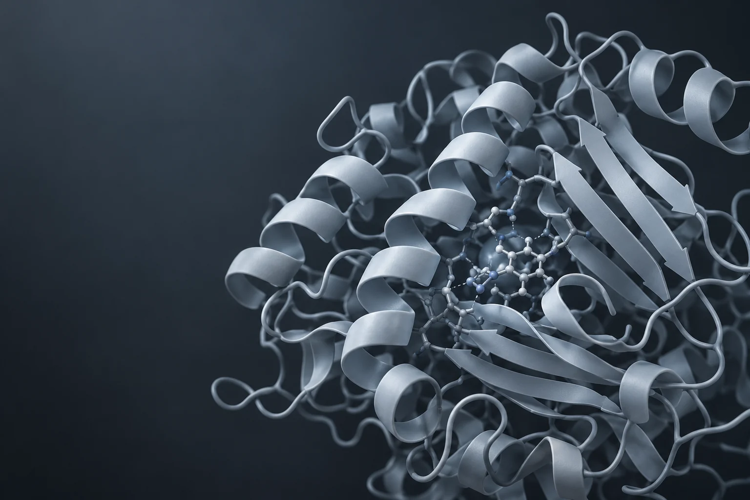 Illustrative molecular research model showing protein ribbons and a ball-and-stick cluster