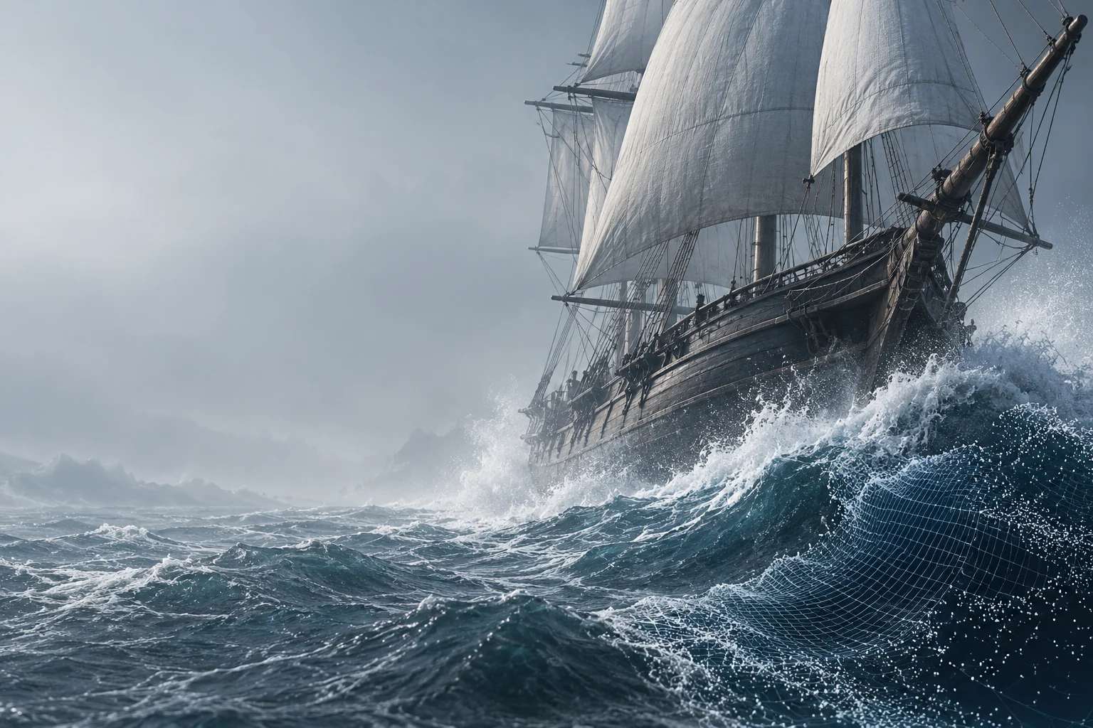 Illustrative cinematic sailing-ship scene with an ocean simulation transitioning into a wireframe mesh