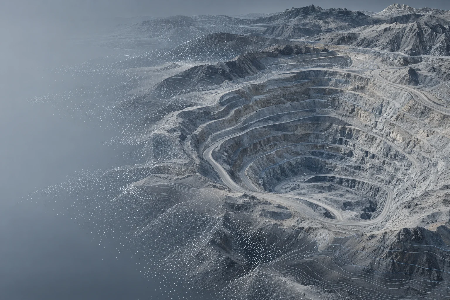 Illustrative open-pit mine survey with terrain contours, a triangular mesh and point-cloud edges
