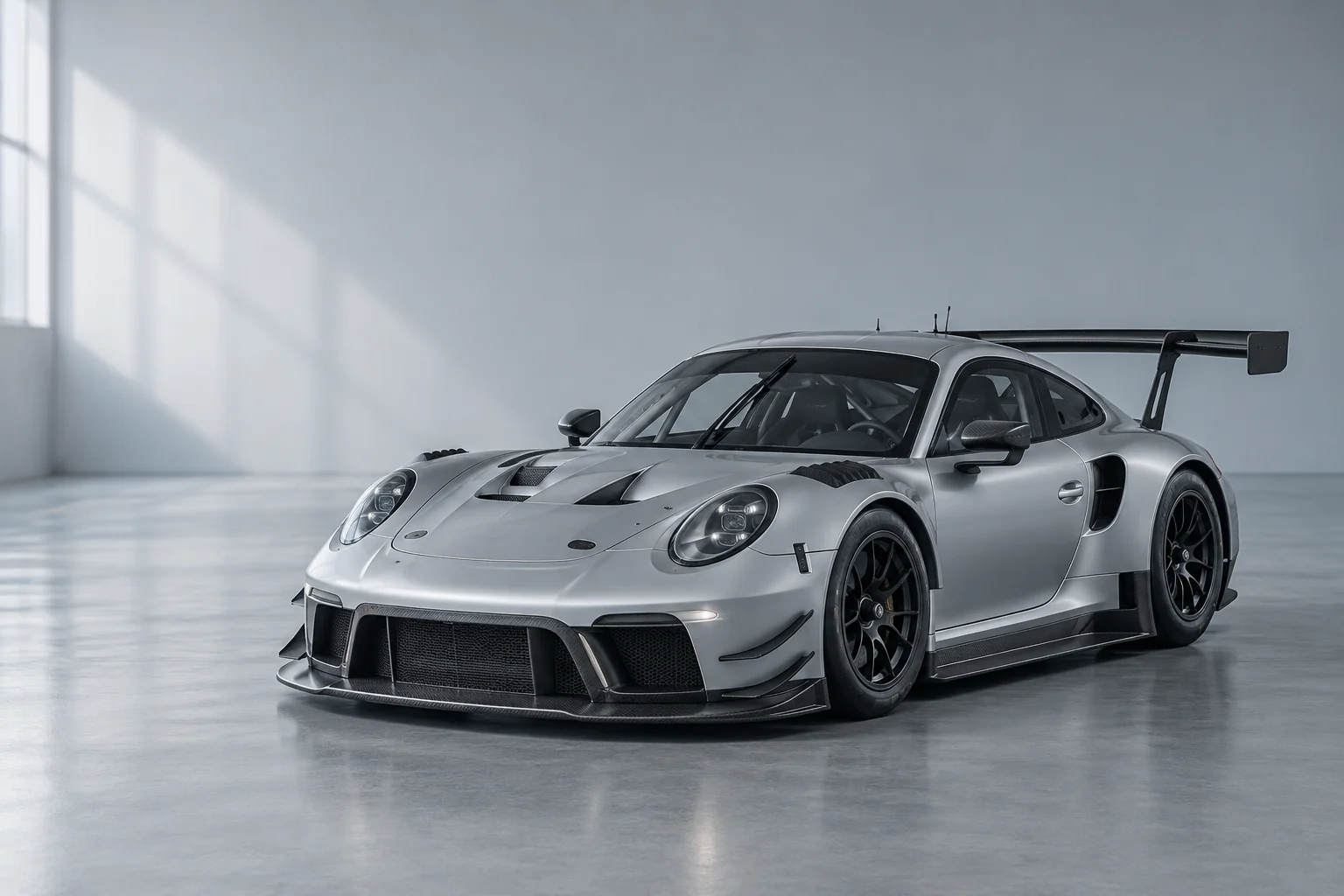 Illustrative silver GT endurance race car in a softly lit engineering studio