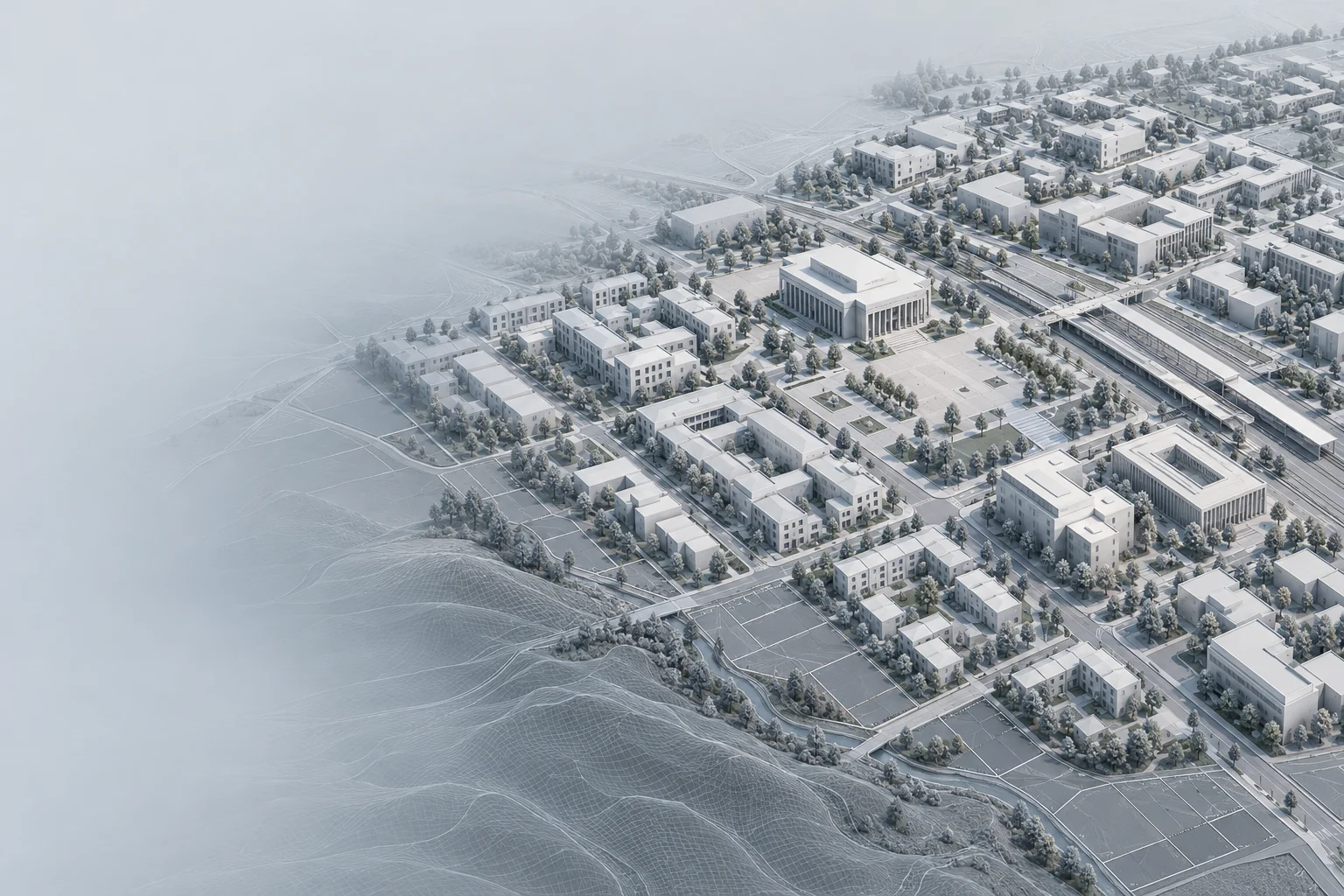 Illustrative civic neighbourhood planning model with a public square, streets and terrain mesh