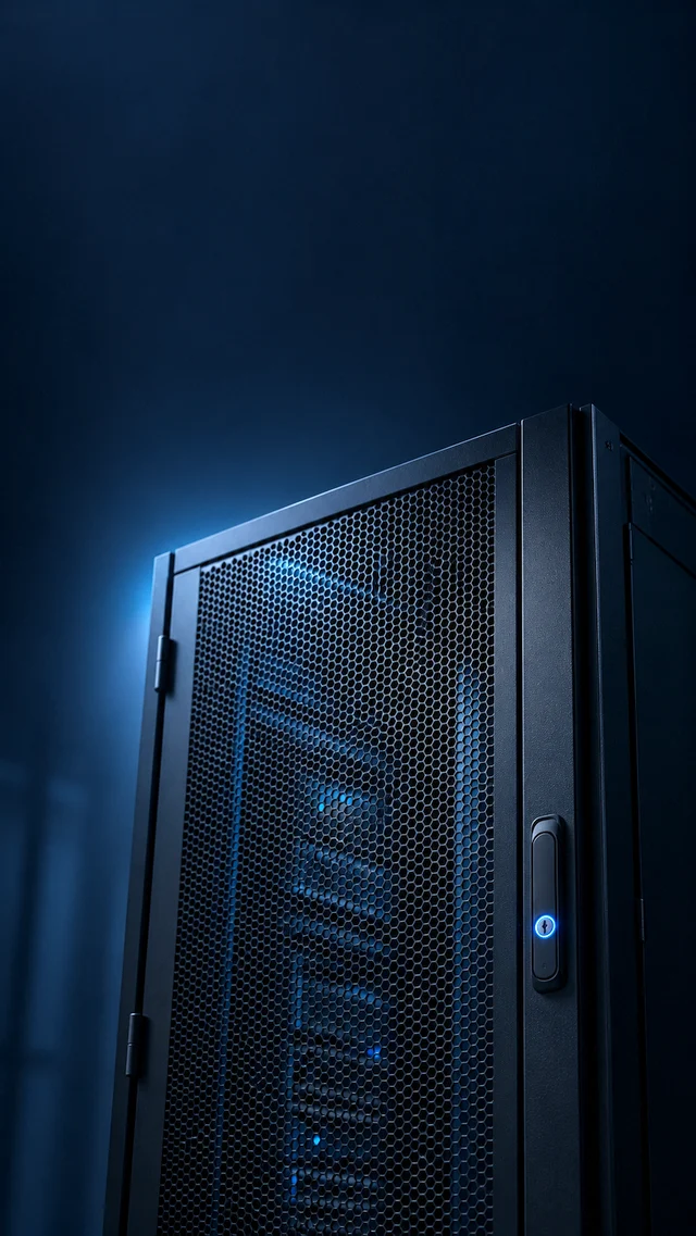 A closed server rack with a blue lock light